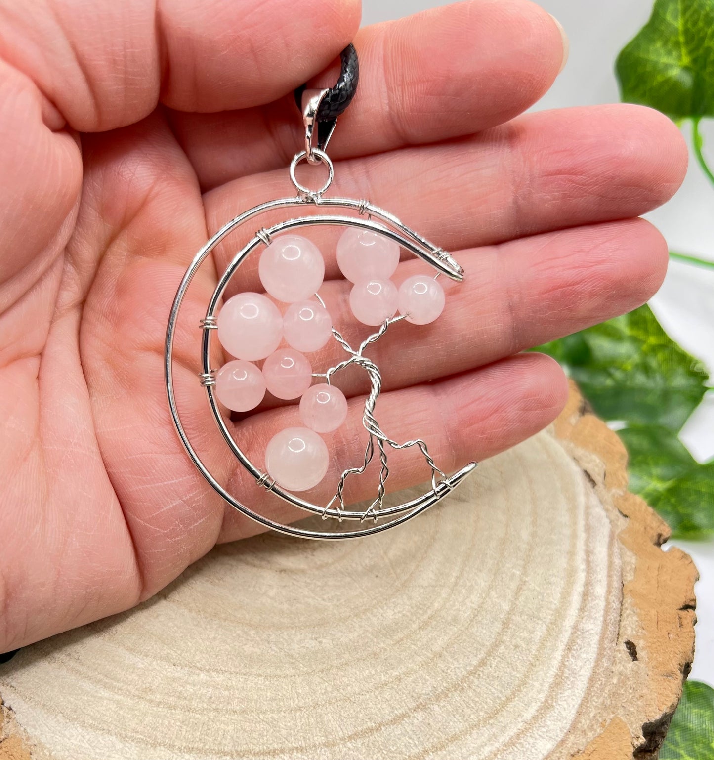 Rose Quartz Tree Of Life Moon Pendant