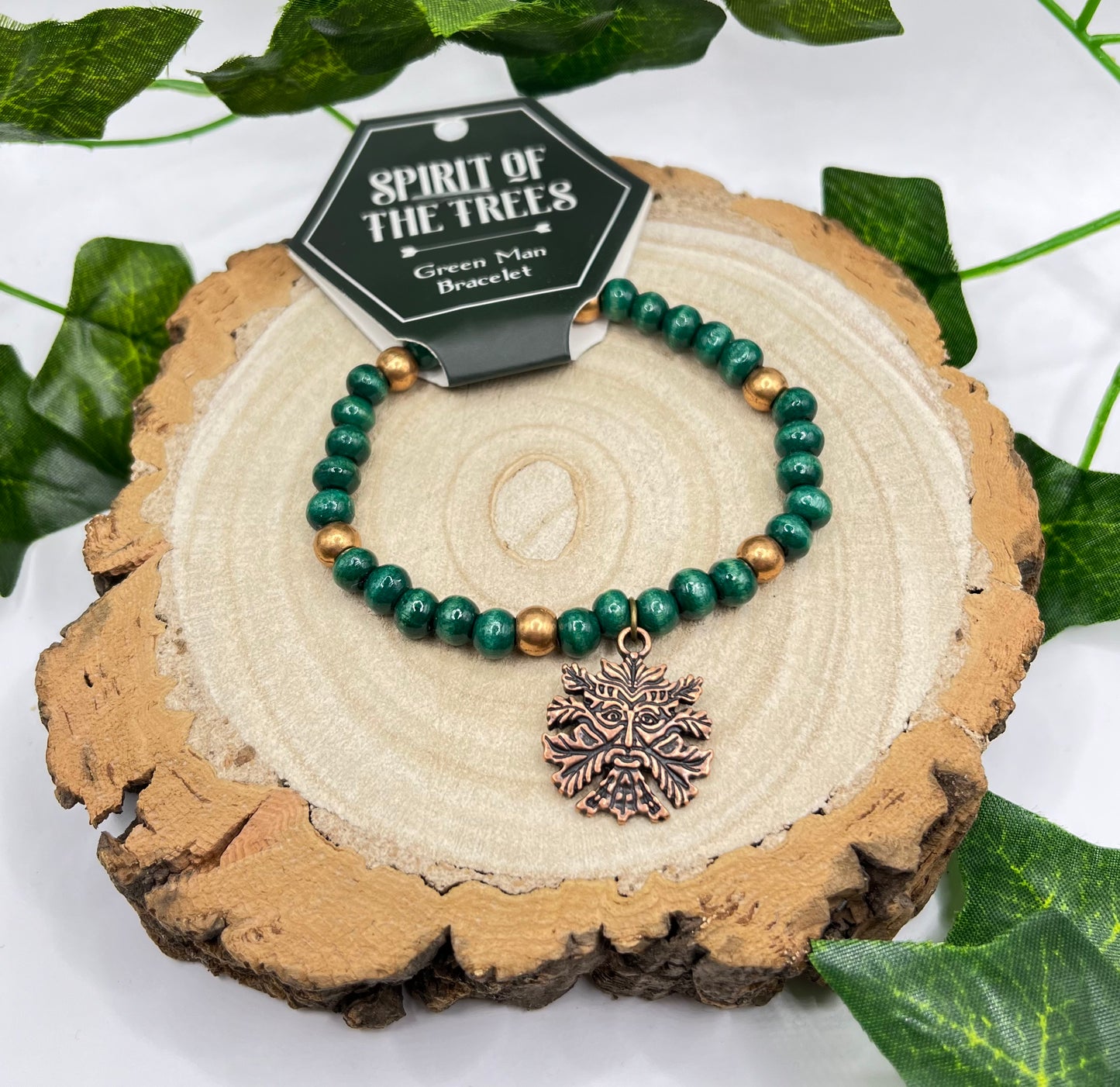 Green Man Wooden Charm Bracelet