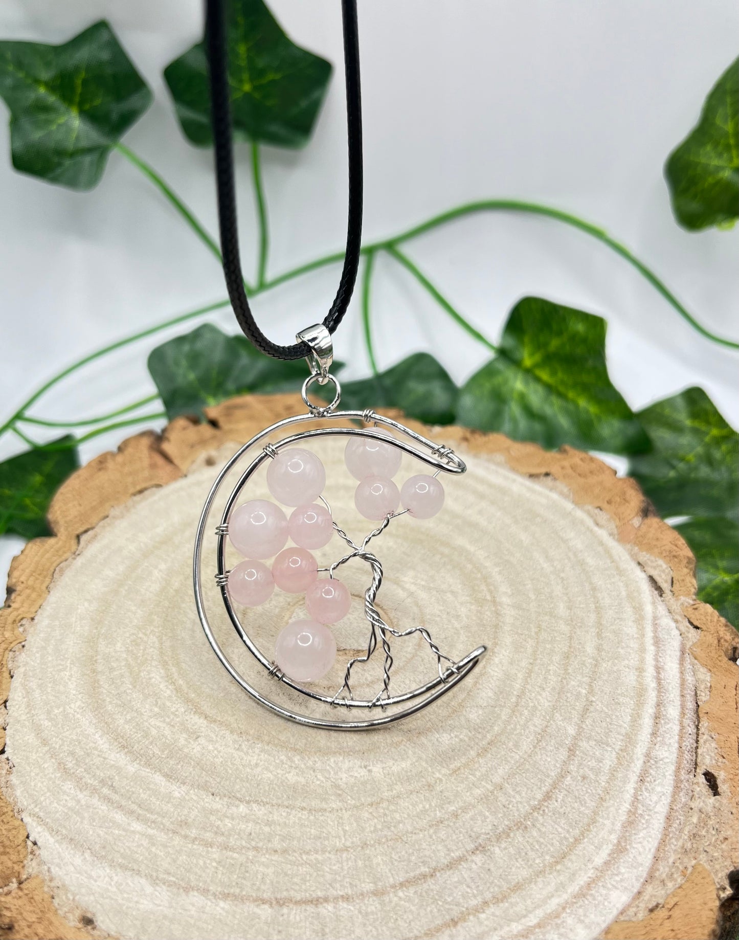 Rose Quartz Tree Of Life Moon Pendant