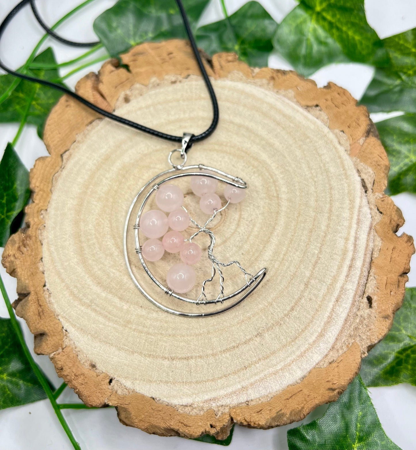 Rose Quartz Tree Of Life Moon Pendant