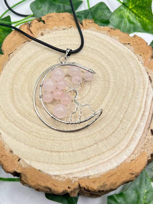 Rose Quartz Tree Of Life Moon Pendant