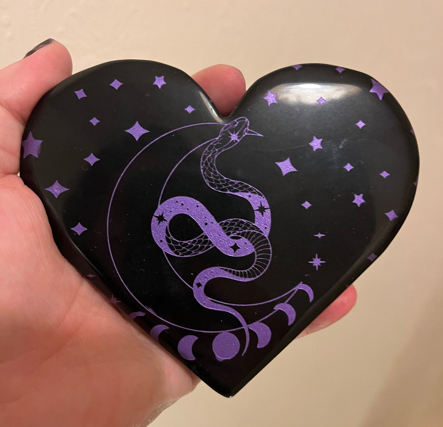 Black Obsidian Heart With Purple Celestial Snake Engraving