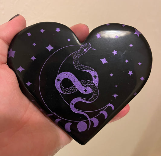 Black Obsidian Heart With Purple Celestial Snake Engraving